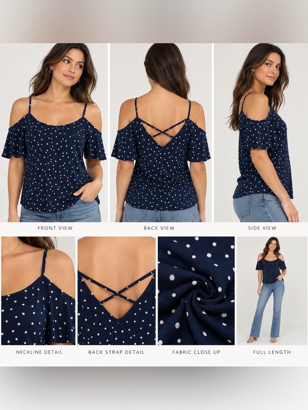 Kaleigh Small Navy Polka Dot Cold Shoulder Criss Cross Back Top